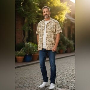 Woolrich Men's Tan Pattern Short Sleeve Button Down Collar Shirt XL Vintage